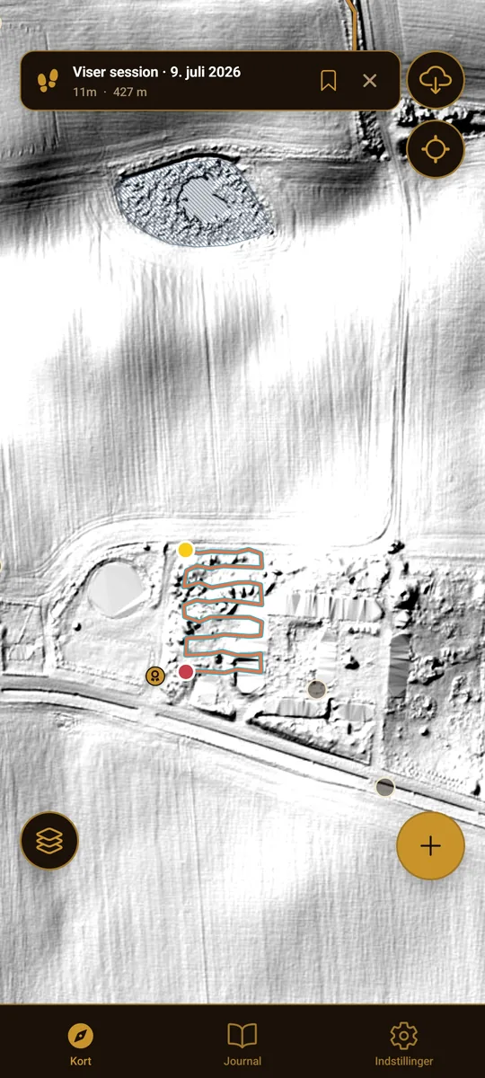 En GPS-rute tegnet over LiDAR-terræn, der viser den afsøgte jord