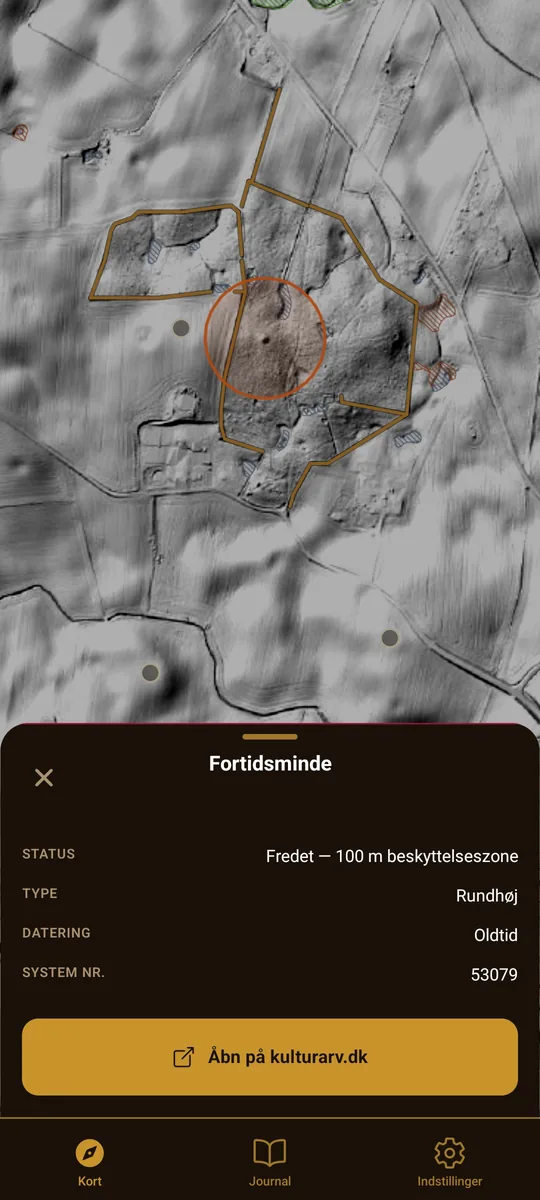 Detaljeark for et beskyttet fortidsminde med status, type, datering og link til kulturarv.dk