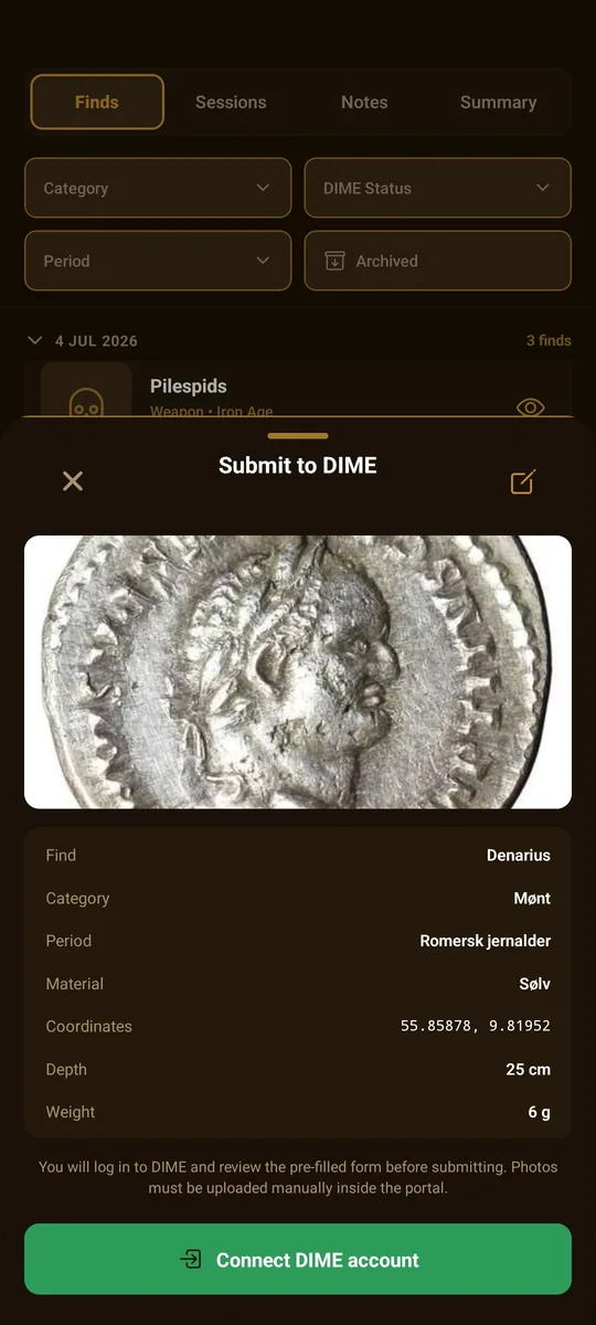 Muld app Submit-to-DIME screen with pre-filled find details