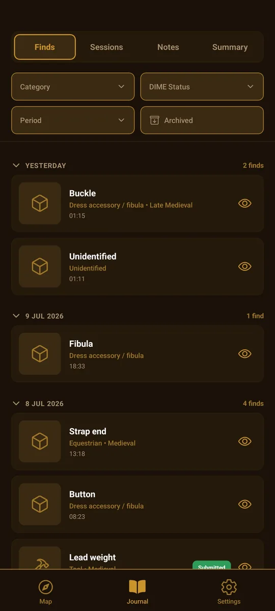 Muld app find journal listing logged finds by category, period and time
