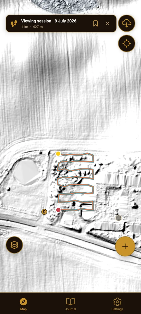 Muld app showing a GPS session track drawn over LiDAR terrain